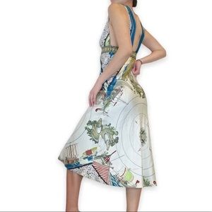 Nicole Miller Collection Print Rhinestone Plunge Neck Silk Midi Dress